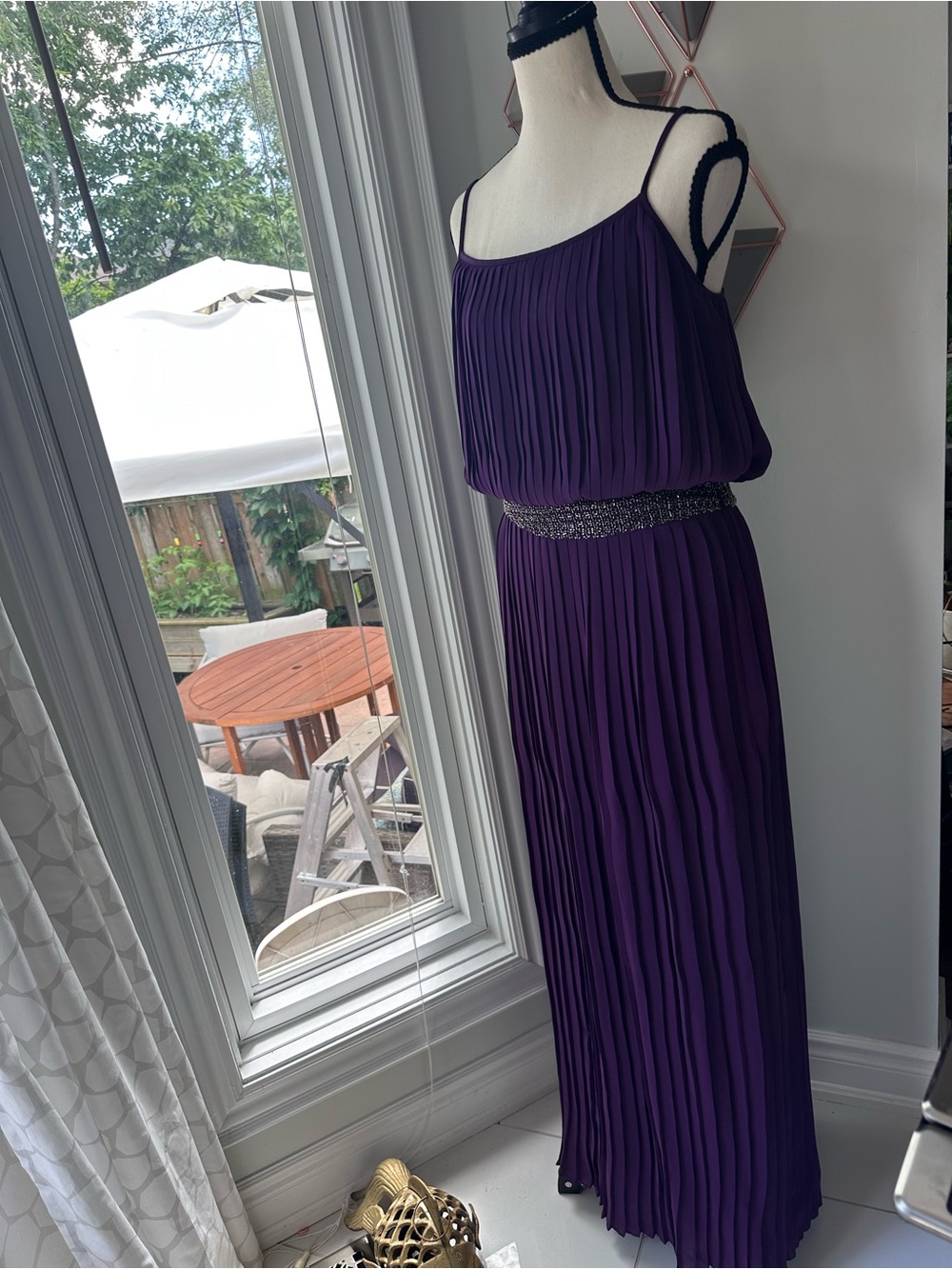 PARKER Purple Pleated Maxi Dress Beaded Spaghetti Straps Wedding Guest Sz Small